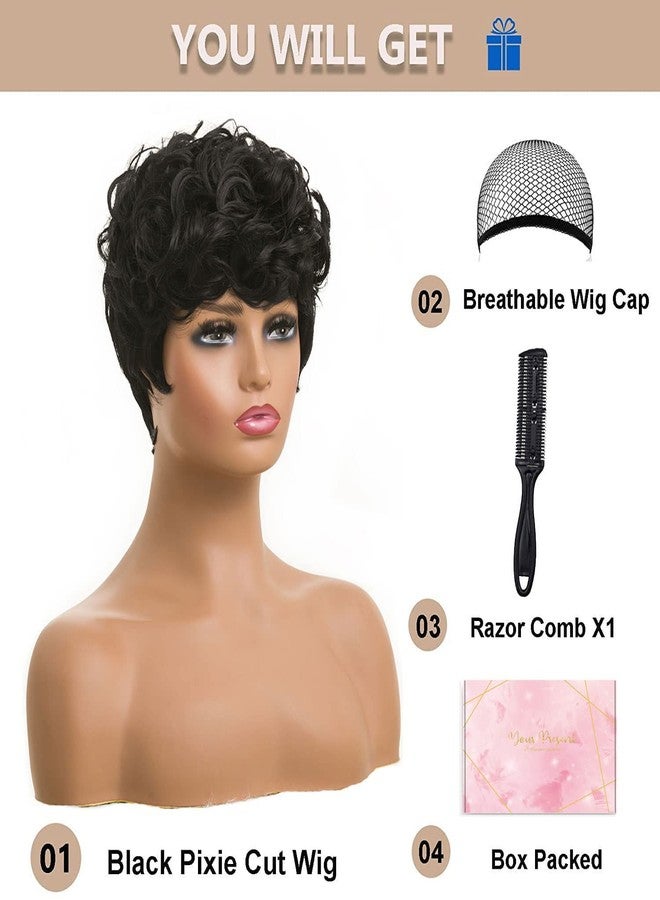 MOONSHOW Short Pixie Wigs for Black Women Short Black Curly Pixie Wig Synthetic Short Hair Wigs for Black Women Natural Wavy Black Pixie Cut Wig (Natural Black) - Image 3